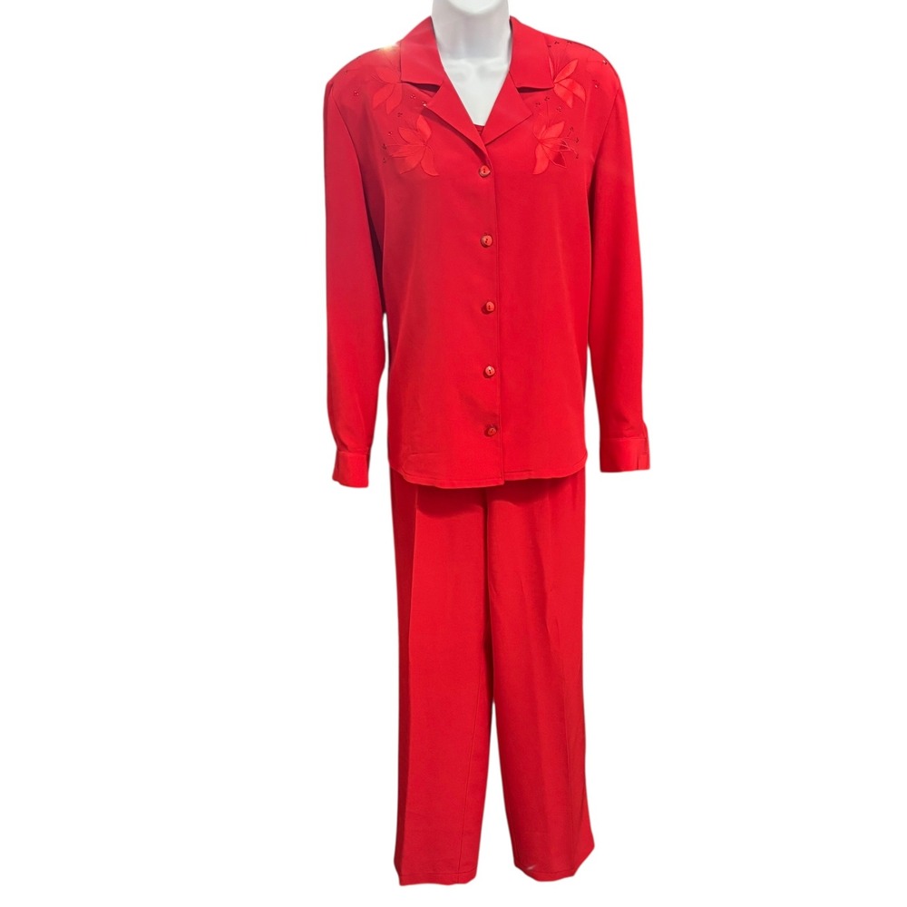 Philippe Marques Women's Red Floral‎ Embellished Shirt Tank and Pants Set Size 8